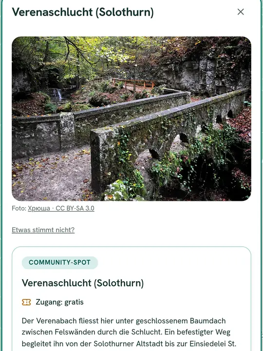 Ortspanel eines Community-Spots: Foto mit Bildnachweis und der gekennzeichnete Community-Block
