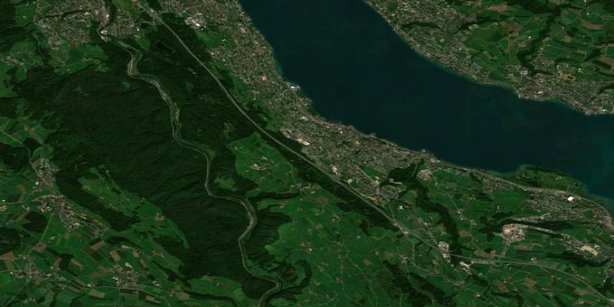 Sentinel-2-Satellitenbild des Sihltals: dunkler dichter Wald, hellere Felder, Zürichsee und Sihl