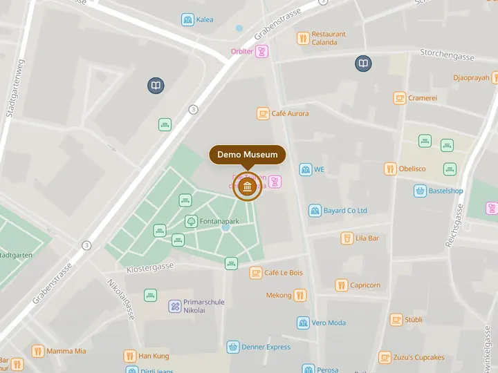 Map section with a selected partner entry: gold marker, gold ring and the name of the place
