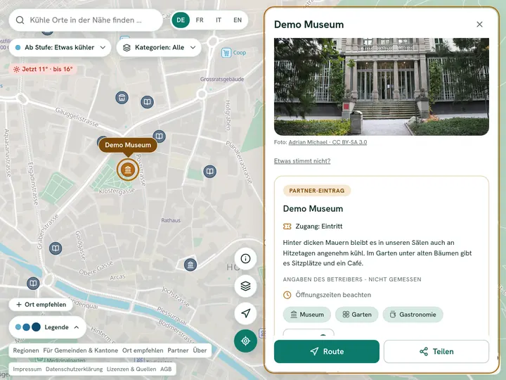 Karte mit geöffnetem Ortspanel eines Partner-Eintrags: Kennzeichnung, Zugang, Text des Betreibers und Ausstattung