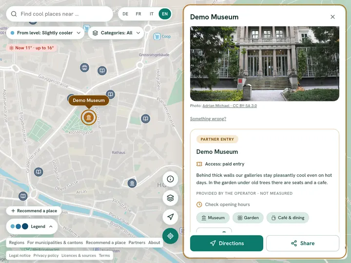 Map with the place panel open on a partner entry: label, access, the operator's text and amenities