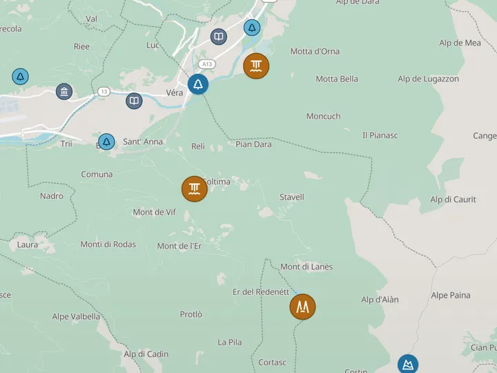 Map section of a region with five gold markers of partner entries