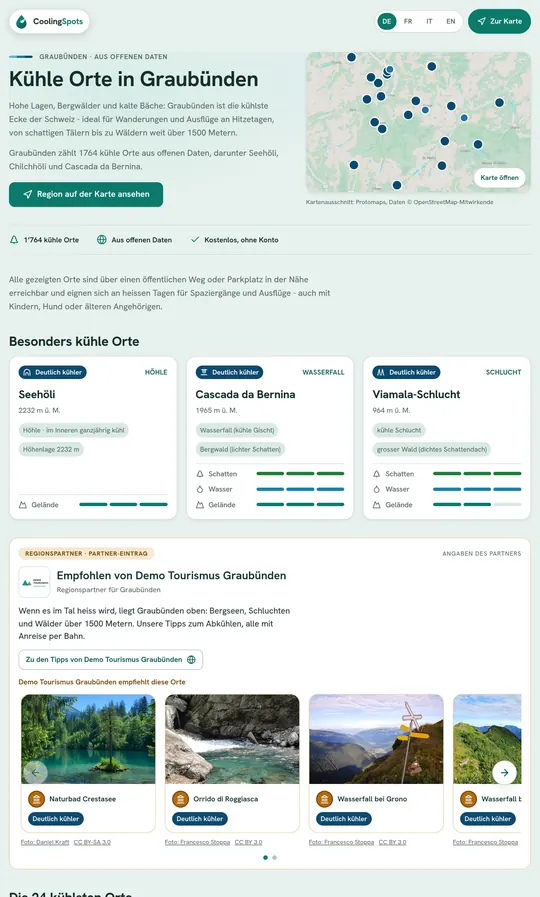 Regionsseite Graubünden von oben bis zum Block des Regionspartners: Titel, drei hervorgehobene Orte, dann Logo, Text und die empfohlenen Orte