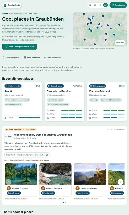 Region page Graubünden from the top down to the regional partner's block: title, three featured places, then logo, text and recommended places
